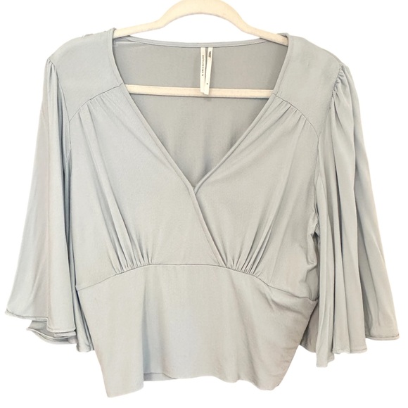 Anthropologie Baby Blue Flutter Bell Sleeve Wrap Crop Top Size Small - Picture 3 of 10